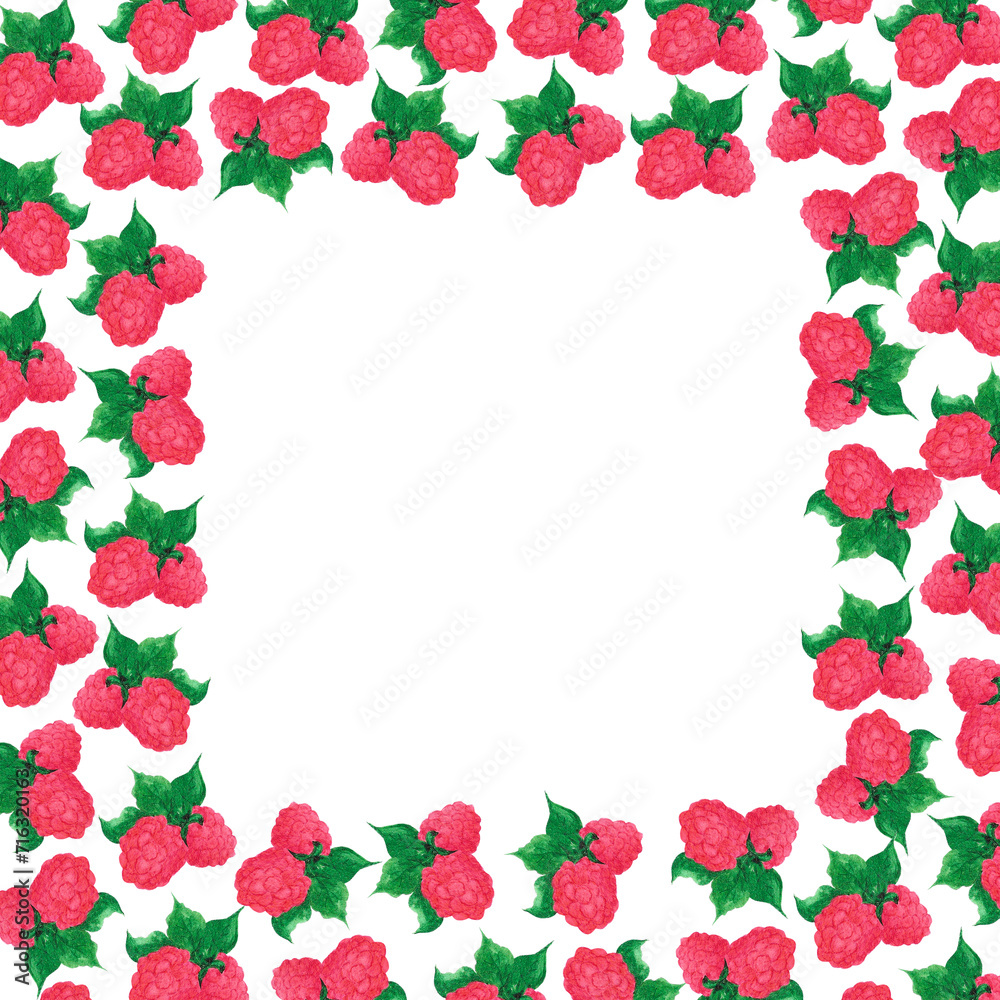 Hand drawn watercolor raspberry frame border isolated on white background. Can be used for cards, label and other printed products.
