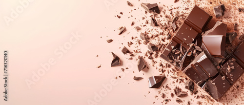 Scattered pieces of dark chocolate on a pink surface, rich and inviting. photo