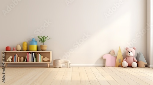 a child’s room with a wooden shelf, toys, and a pink teddy bear on a hardwood floor. The room is bright and airy with a large window and light-colored walls.