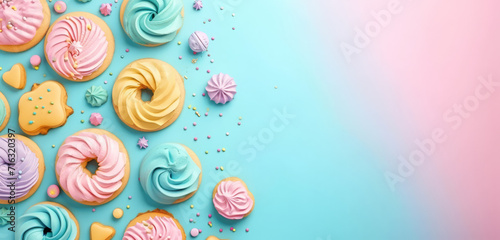 Crunchy golden cookies adorned with pink sprinkles on a pastel backdrop.