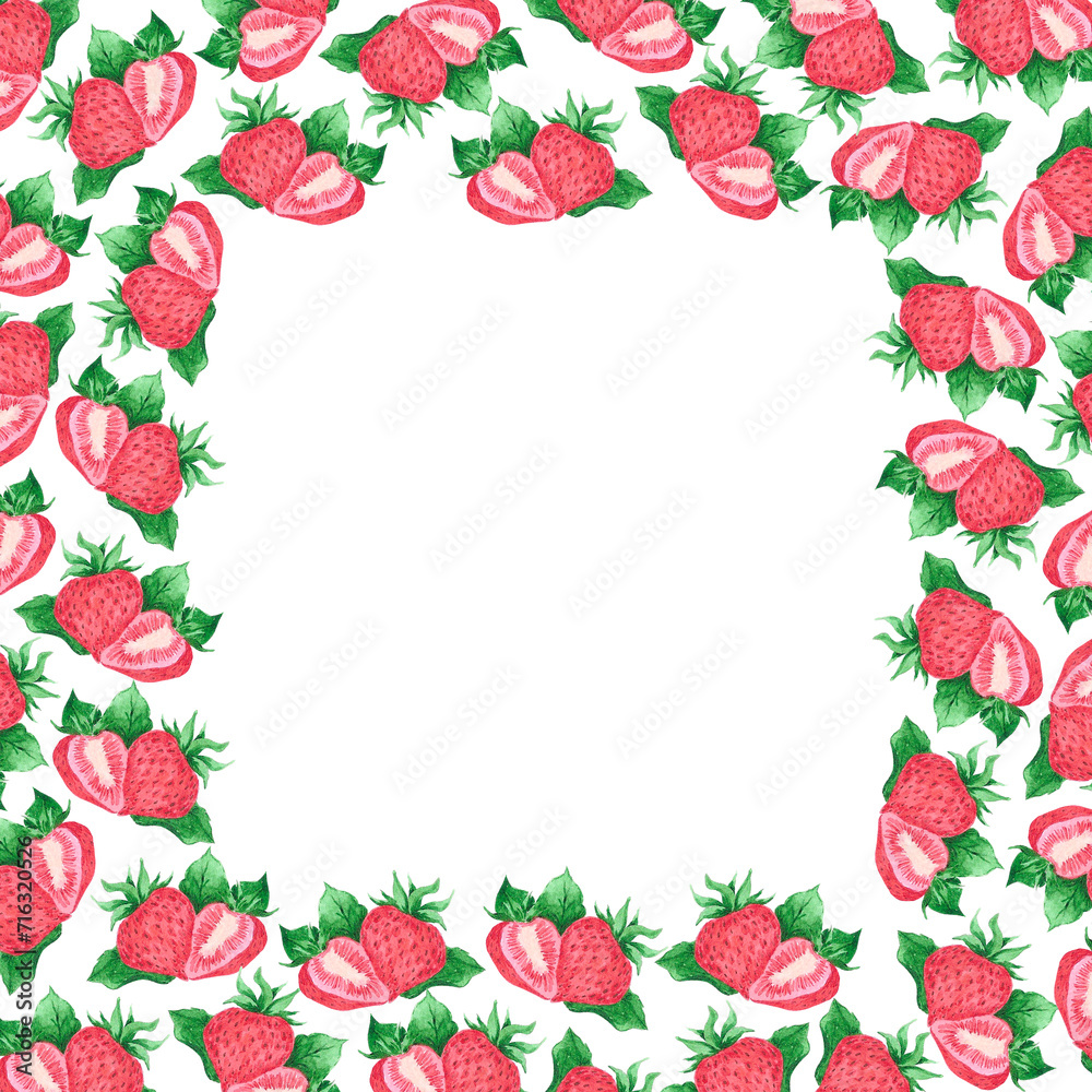 Hand drawn watercolor strawberry frame border isolated on white background. Can be used for cards, label and other printed products.