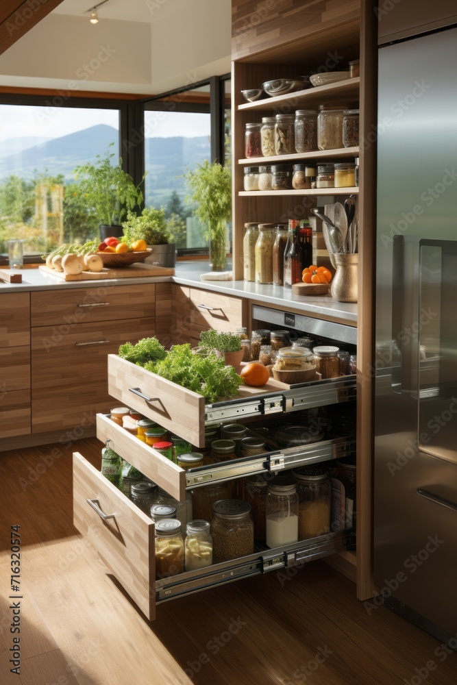 Pantry featuring a lazy Susan for easy access to condiments and sauces, Generative AI Pantry featuring a lazy Susan for easy access to condiments and sauces, Generative AI
