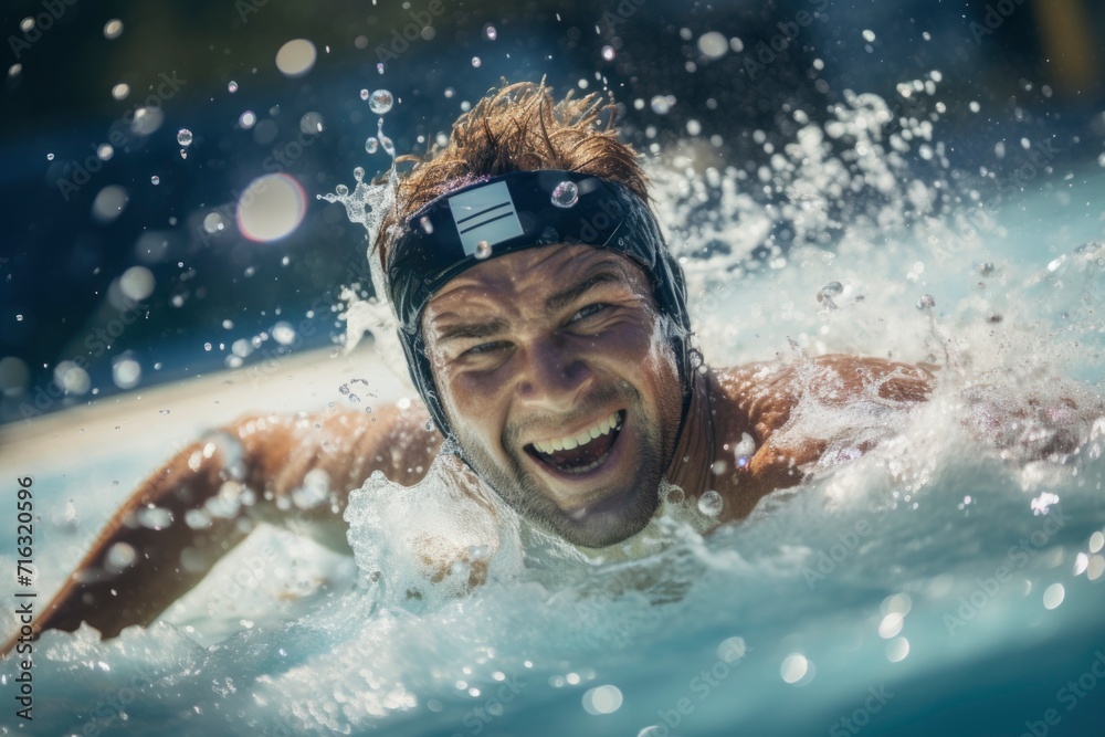 Dynamic close-up of a water polo player in action, splashing water.