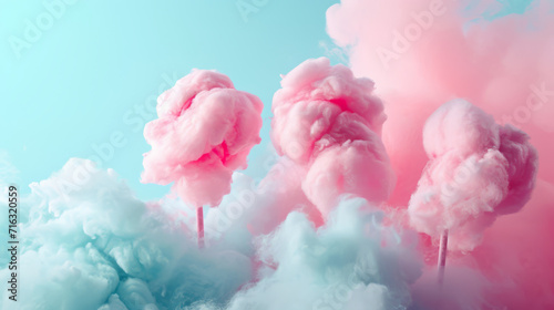 Sweet cotton candy wrapped on a stick on a pastel background in soft pop style. photo