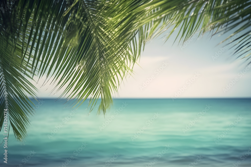 Fototapeta premium Abstract seascape with palm tree, tropical beach background with light of calm sea and sky. summertime vacation background concept.