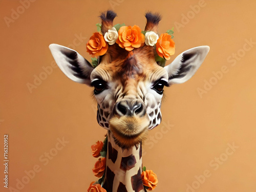 Funny giraffe with a flower wreath on her head, orange background, African animal portrait, generative ai