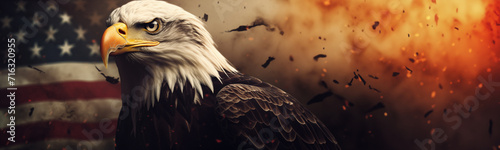 Majestic Bald Eagle banner with American flag concept graphic. Close-up intense portrait of the national bird of the United States. © JoelMasson