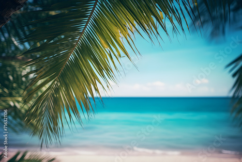 Abstract seascape with palm tree, tropical beach background with light of calm sea and sky. summertime vacation background concept.