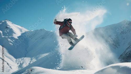 Snowboarder in Flight with Mountains and Sun in Background Wearing Helmet and Goggles © AlexanderD