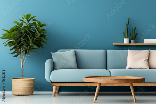 Scandinavian home interior design of a modern living room with A wooden round coffee table near a blue sofa, colorful pillows and green plants