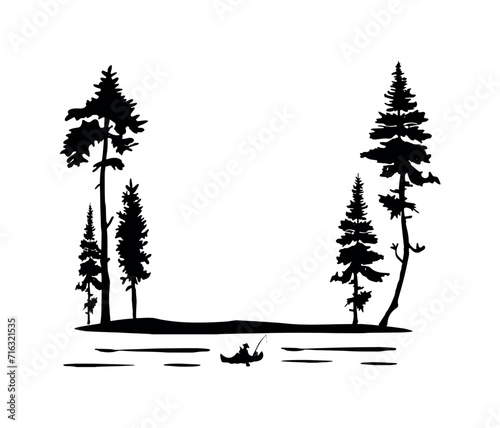 fisherman in a boat in the forest vector silhouette. silhouette of tall pine trees and a boat with a fisherman in the water vector