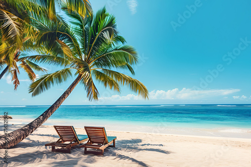 Exotic tropical sand beach with deck chairs and palms on sunny day