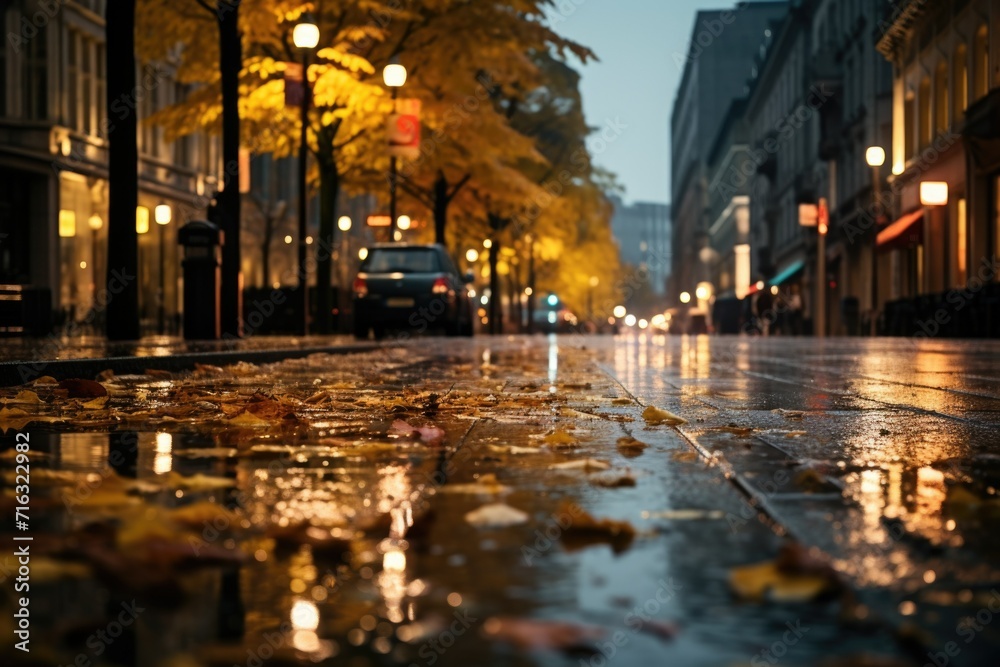 Golden autumn leaves glisten on a city walkway under street lights.