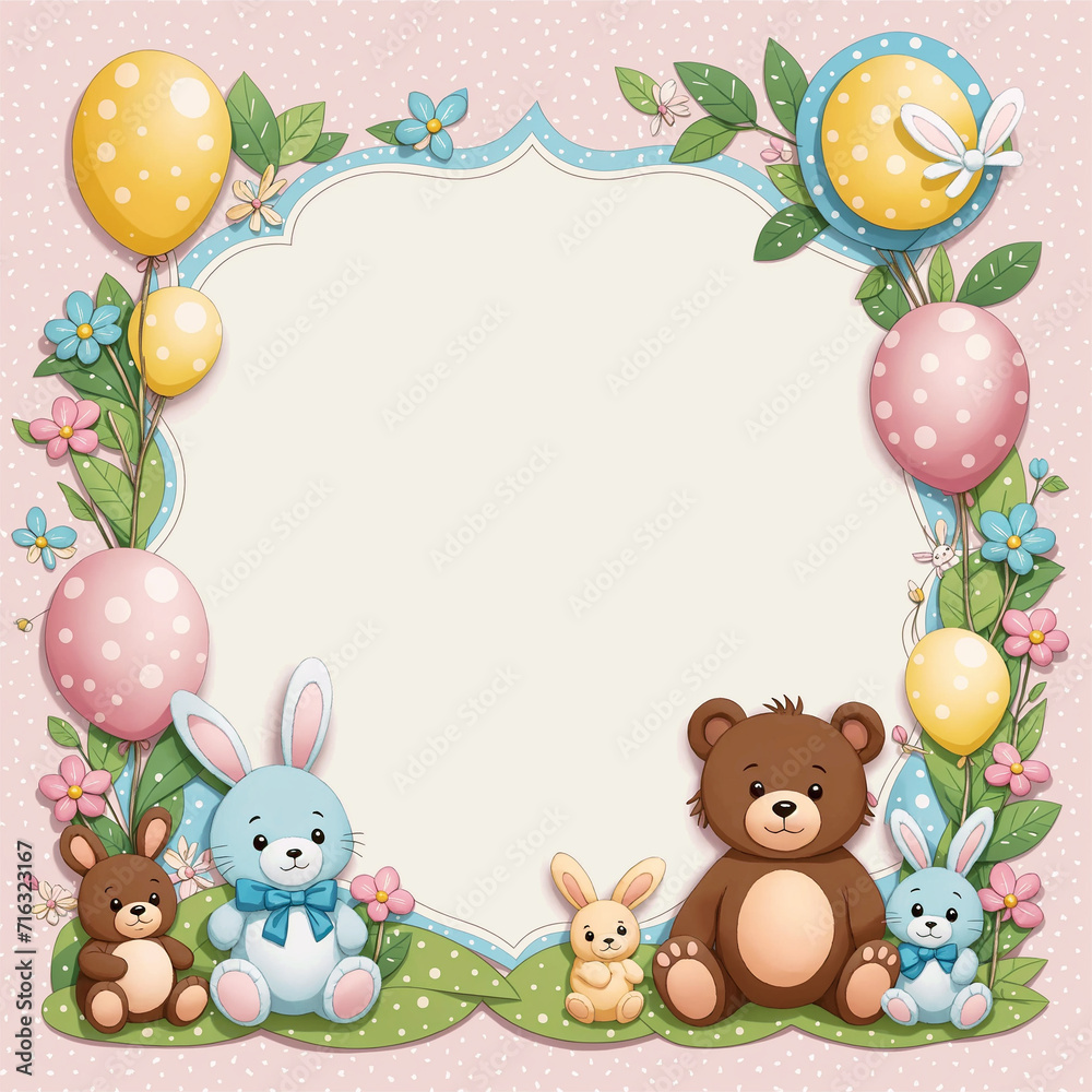 Obraz premium Baby style paper, decorated with bear and bunny, copy space