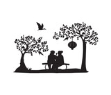 couple in love sitting on a bench in the sakura garden vector silhouette. silhouette of an elderly couple in a Japanese garden vector
