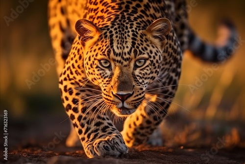 Leopard stealthily emerging from shadows, camouflaged in african savannah during glorious sunset
