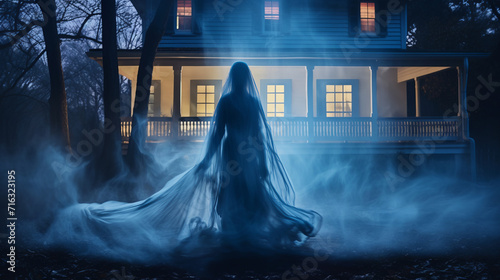 Mysterious female ghost silhouette veiled in translucent fabric emerges from fog in backyard creating an otherworldly ambiance and aura of ghostly mystique, scary ghost of dead relative at night