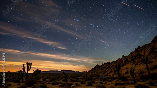 A beautiful night sky with star trails over the desert featuring Joshua Trees. photo