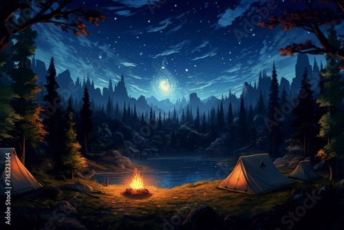 A peaceful campsite scene at night with tents, a fire, and a celestial vortex above. © NS