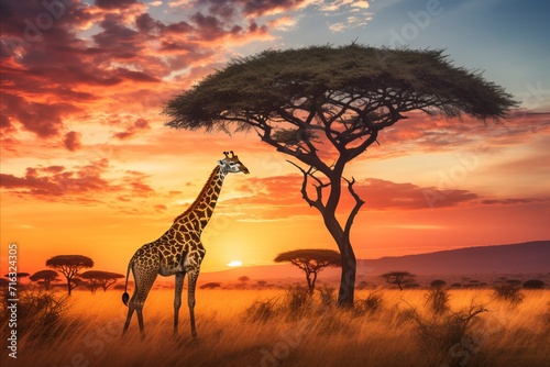 Giraffes roaming the african savannah at sunset, casting a golden glow over the vast landscape photo