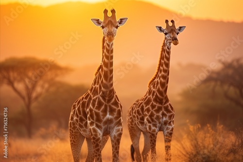 Beautiful giraffes grazing in the african savannah as the sun sets on the horizon