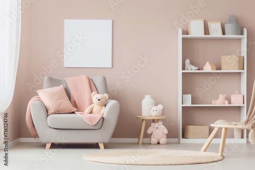Pink and white themed nursery with a gray armchair, bookshelf, and toys on a round rug. The room has a large window and light-colored walls