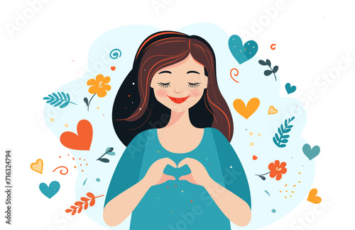 Inspire inclusion. International Women's Day. Mental health, happiness, harmony. Female person is showing sign of heart with their hands. InspireInclusion