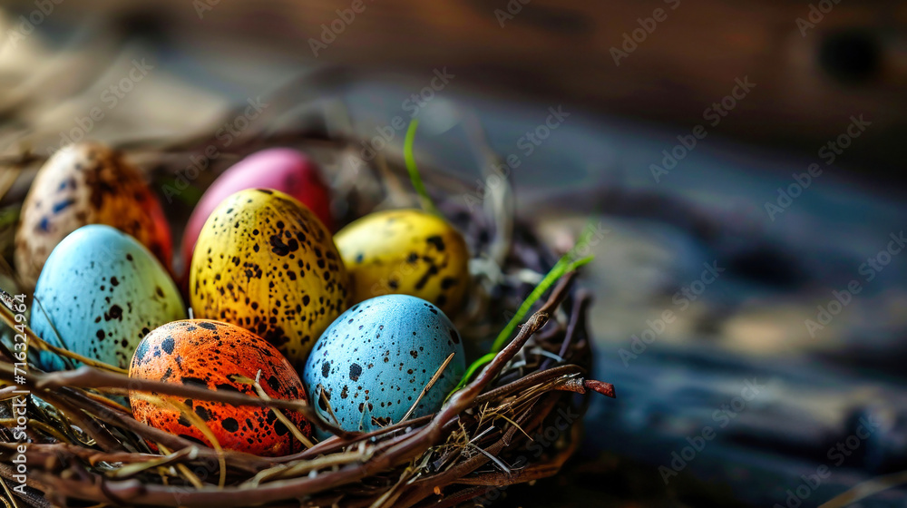 Colorful Easter Eggs in a Basket on a Table
