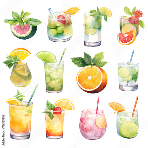 clipart bundle watercolor drink summer theme, on transparent background