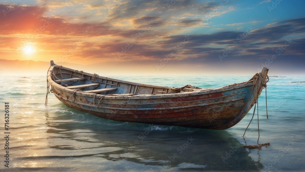 In the center of a vast, ethereal ocean, a vividly alive, yet decaying, singular dimensional dinghy stands out in the cinematic photograph. 