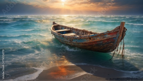 In the center of a vast, ethereal ocean, a vividly alive, yet decaying, singular dimensional dinghy stands out in the cinematic photograph. 