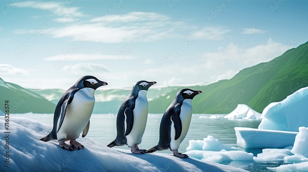 three penguins on the ice, Adelie penguins