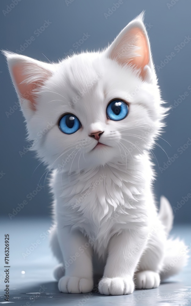 kitten big chibi blue eyes, cute fold little ears cute pose