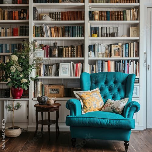 Vintage Cream Bookshelf and Teal Armchair: Cozy Corner