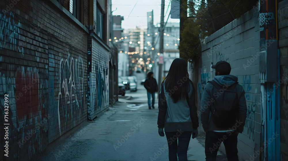 people on the back view walking in the alley. graffiti on the wall. people on the back view walking in the alley. graffiti on the wall.