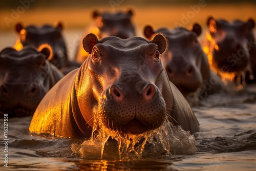 Majestic african sunset. hippos silhouetted in the savannah glow