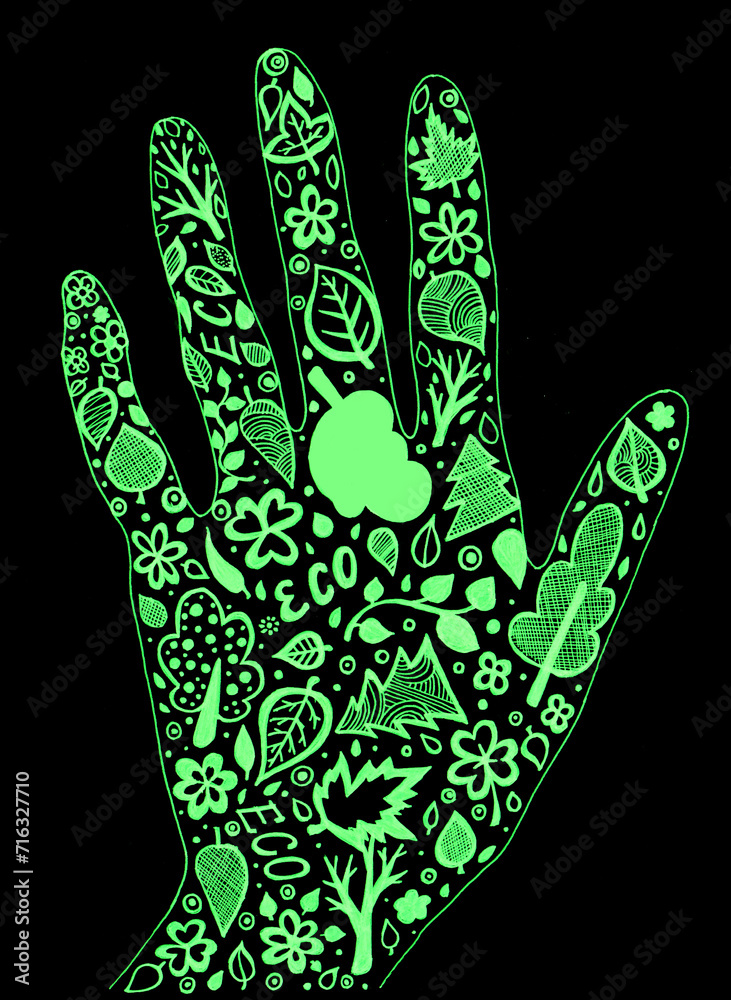 The silhouette of palm of hand is filled with various leaves, trees, words Eco and other decorative elements. Green doodle on a black background. The elements are filled with various lines and dots. The silhouette of palm of hand is filled with various leaves, trees, words Eco and other decorative elements. Green doodle on a black background. The elements are filled with various lines and dots.