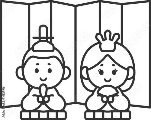 金の屏風の前に座った、ひな人形（線画）のイラスト