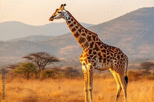 Awe-inspiring african behemoth standing tall amidst vibrant savannah colors at twilight © Игорь Кляхин