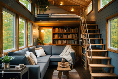 Cozy tiny house living room, with a focus on efficient use of space and minimalist decor photo