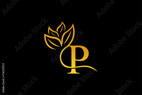 letter P logo design with luxurious gold and elegant floral ornaments. monogram P. icon P flourish. logo for business, company, boutique, salon, beauty, restaurant, brand, etc