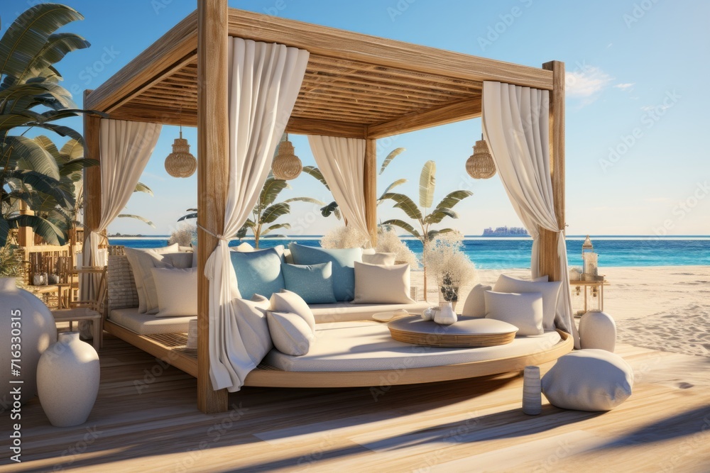 Chic Poolside Cabana with Stylish Daybeds, on an isolated Creamy Beige background, Generative AI