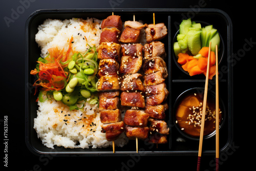 An open bento box with yakitori skewers, edamame, and sushi rolls, set against a minimalist background