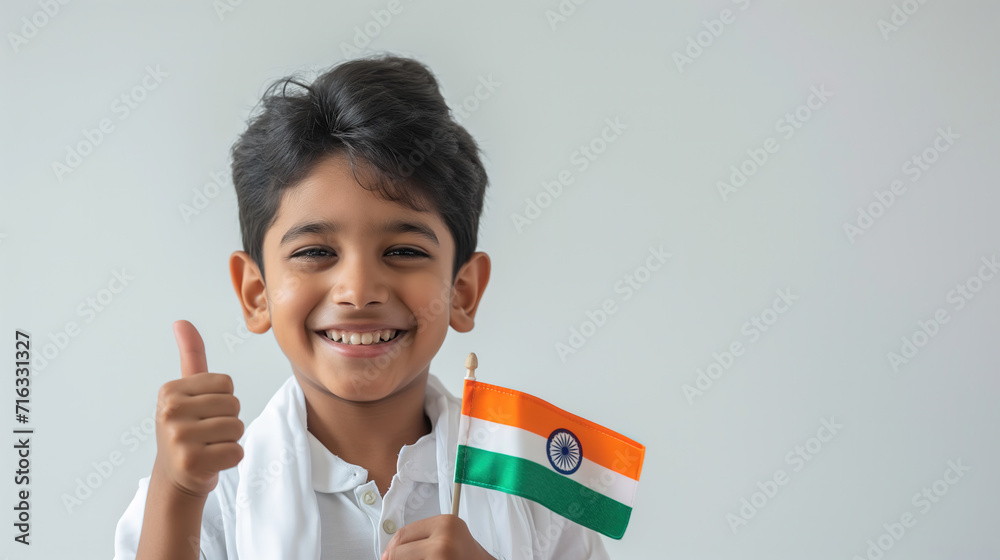 a young Indian boy with a radiant smile, holding a miniature flag and giving a thumbs up to express happiness on Republic Day a young Indian boy with a radiant smile, holding a miniature flag and giving a thumbs up to express happiness on Republic Day