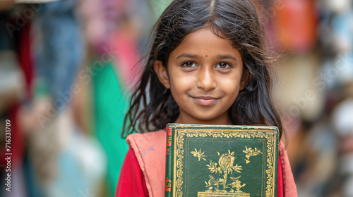  young girl holding a book with the preamble of the Indian book photo