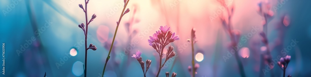 A panoramic photorealistic serene backdrop photo view of flowers, featuring a soft focus in a banner poster format. Generative AI