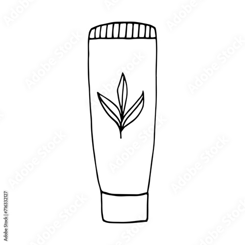tube of cream with leaves hand drawn in doodle style. minimalism, monochrome, scandinavian.