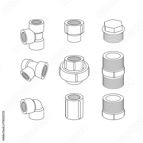pvc reducing threaded fittings series line drawing artwork