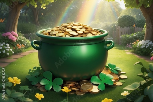 A pot of gold nestled within a cloverleaf garden, symbolizing luck and prosperity on Saint Patrick's Day photo