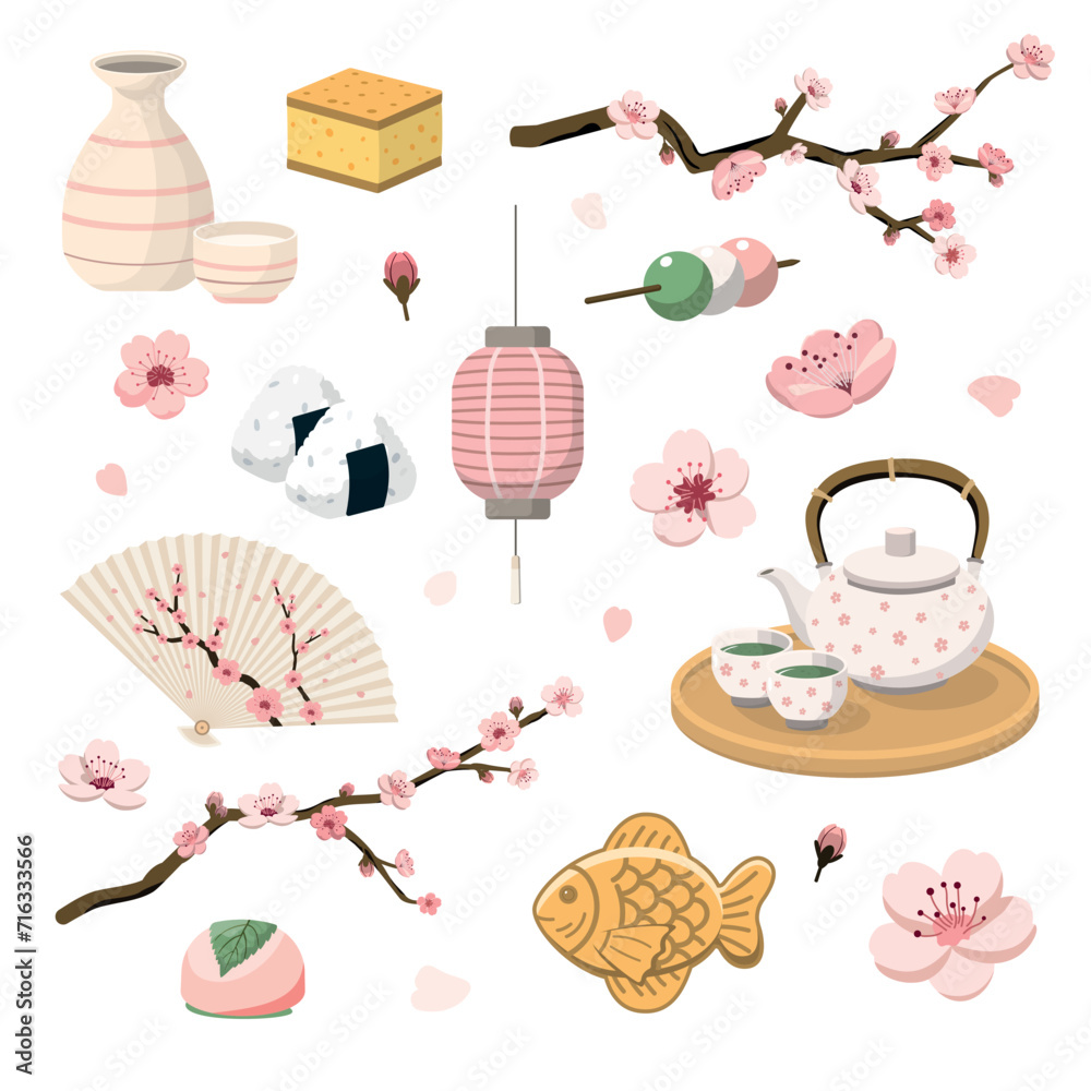 Spring Tea Party and Cherry Blossom Viewing Illustration Set. Isolated on white background. Seasonal festive graphics